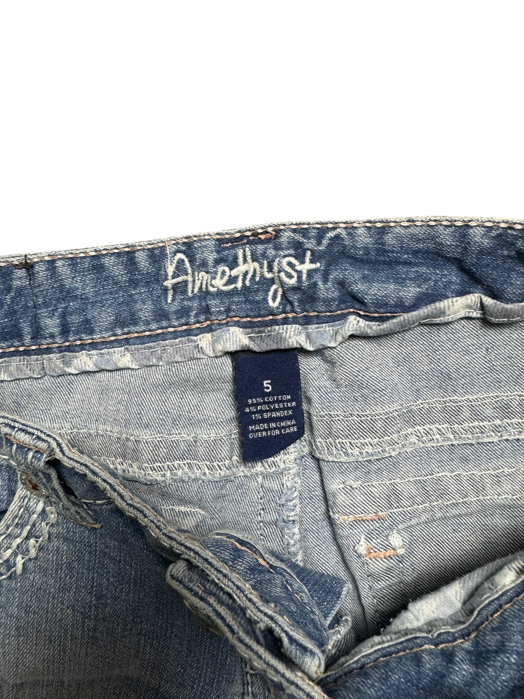 NinetyThree Amethyst bootcut jeans waistband with size 5 label and cotton blend fabric details