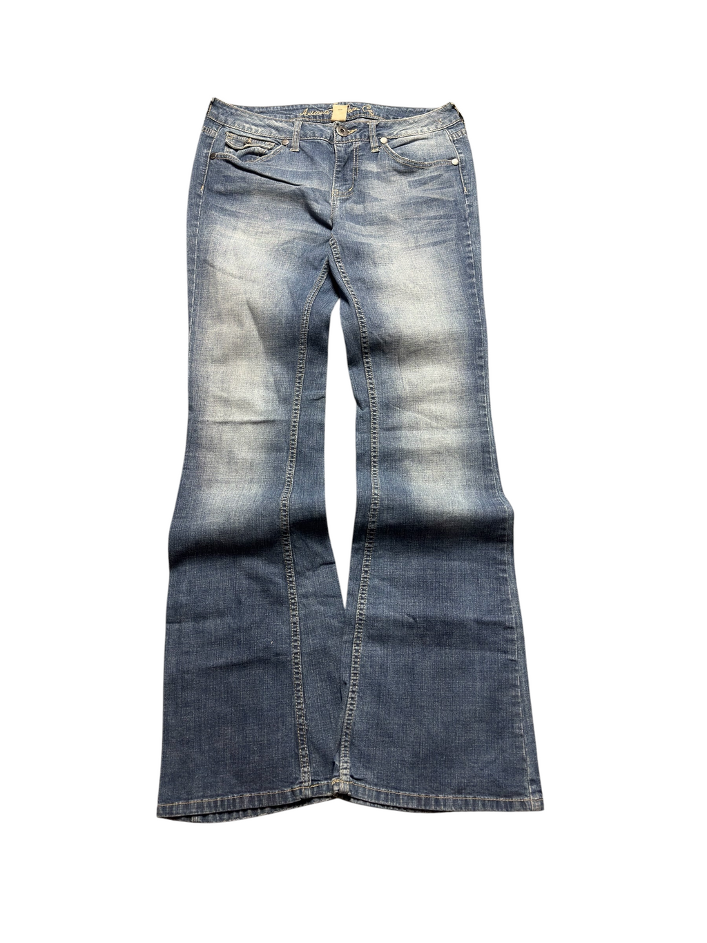 NinetyThree Arizona Jean Co medium-wash blue bootcut denim jeans with stretch fabric and classic zip fly closure