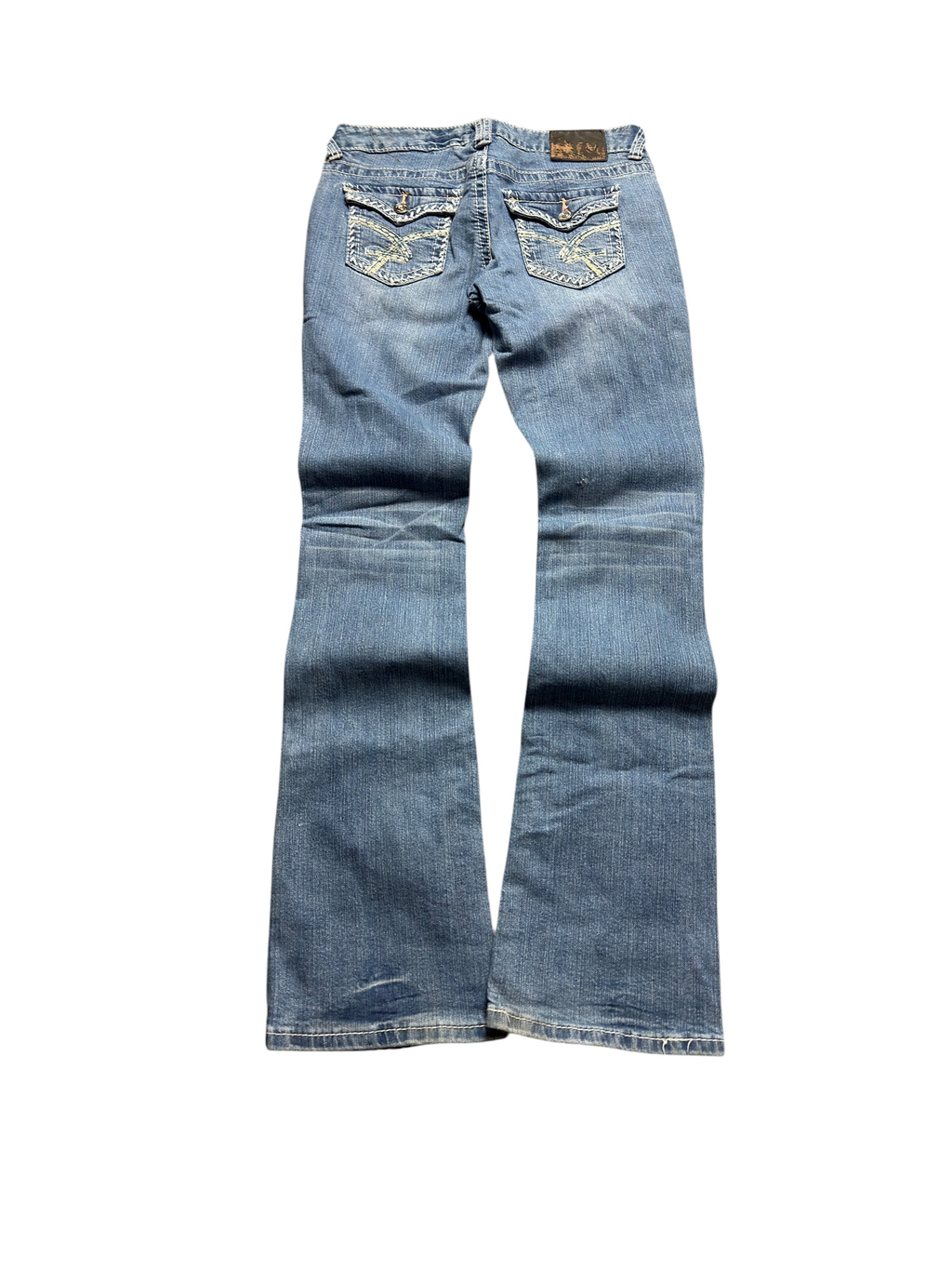 NinetyThree medium-wash bootcut denim jeans with distressed details and decorative embroidered back pockets.