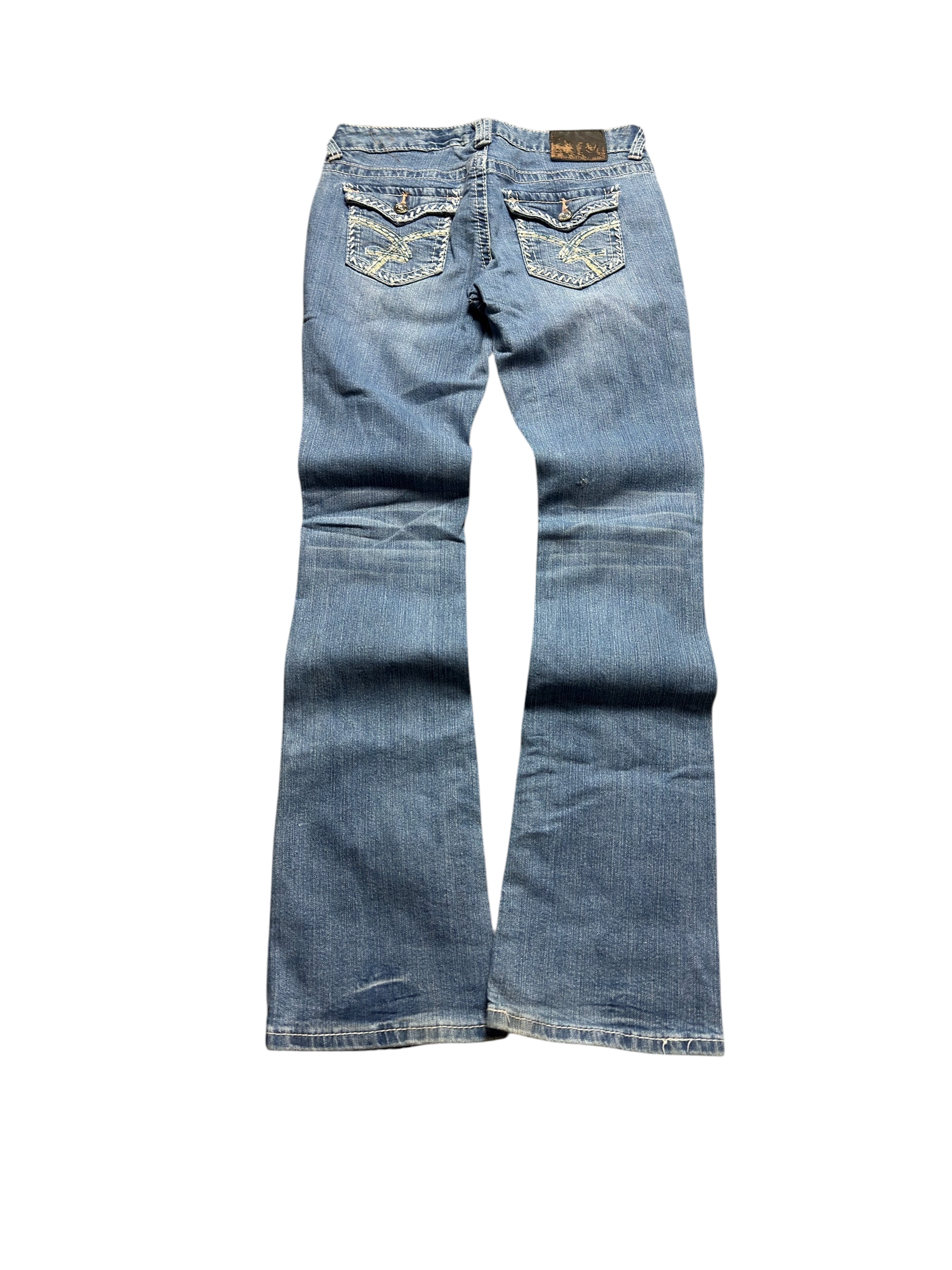 NinetyThree medium-wash bootcut denim jeans with distressed details and decorative embroidered back pockets.