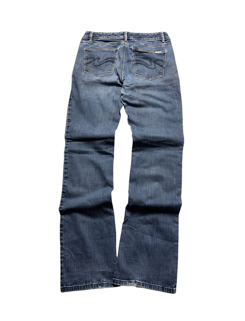 NinetyThree White House Black Market medium-wash blue denim bootcut jeans with signature back pocket stitching.
