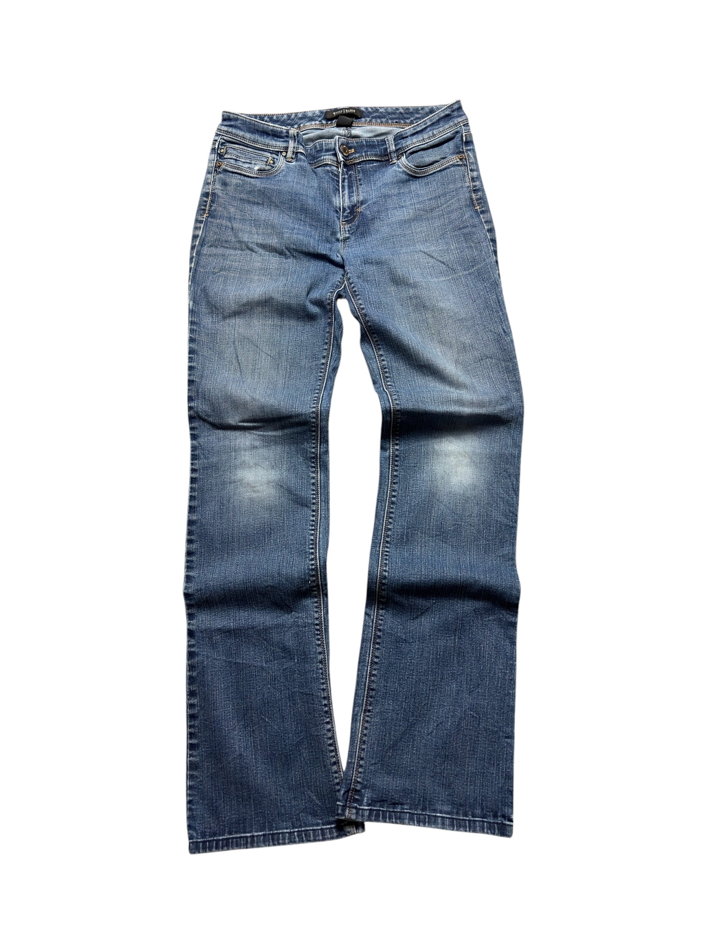 NinetyThree White House Black Market medium-wash blue denim bootcut jeans with classic stitching and metal tab detail.
