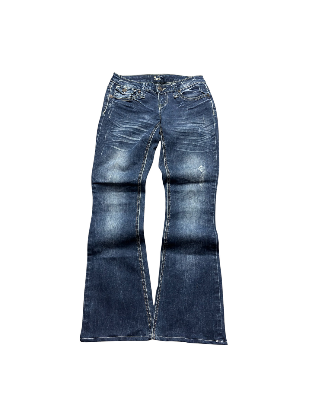 NinetyThree Zco bootcut denim jeans in dark wash with whiskering, distressed details, and contrast stitching.