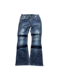 NinetyThree Zco bootcut denim jeans in dark wash with whiskering, distressed details, and contrast stitching.