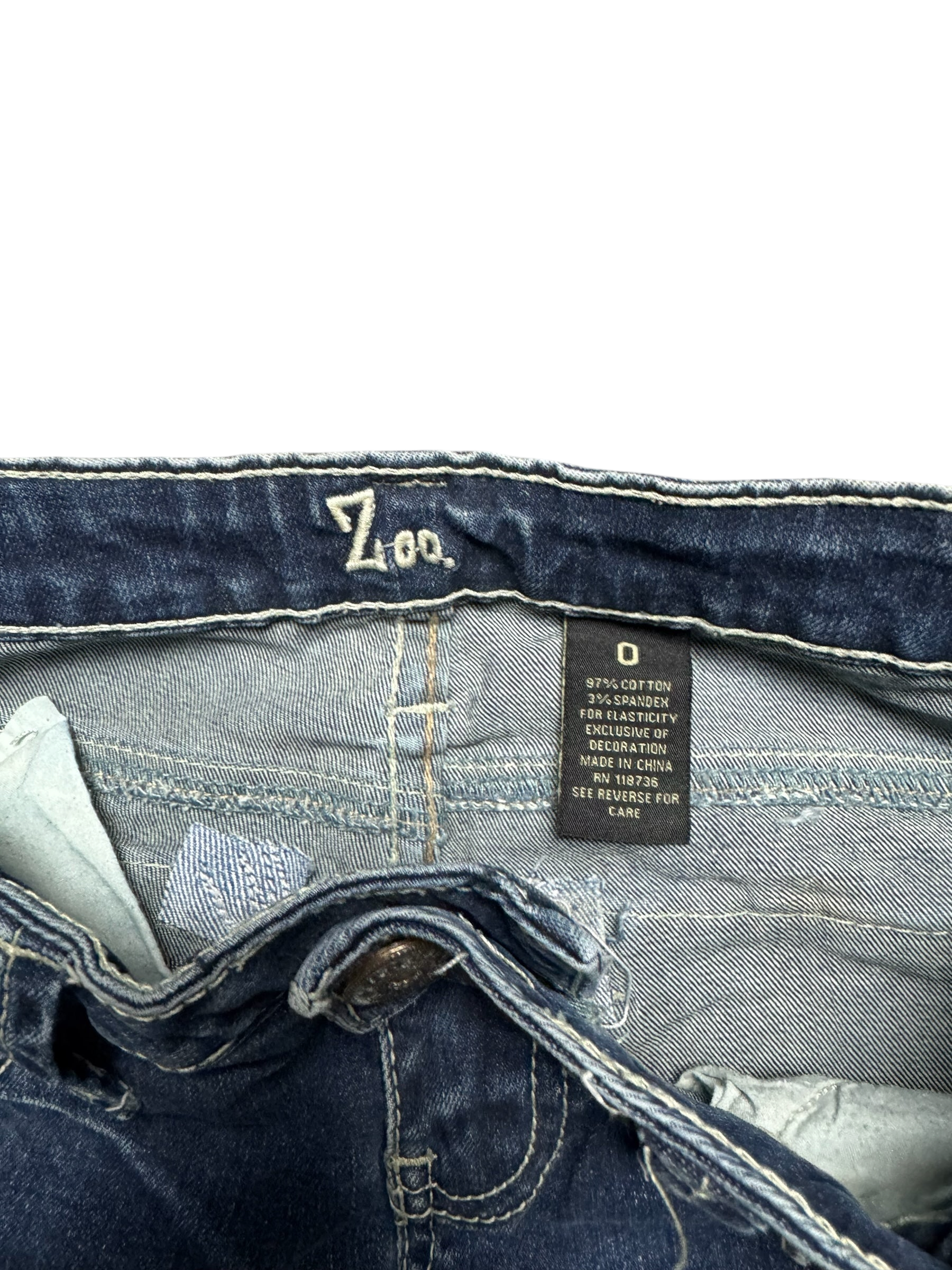 NinetyThree Zco dark wash denim jeans interior label and waistband detail with contrast stitching