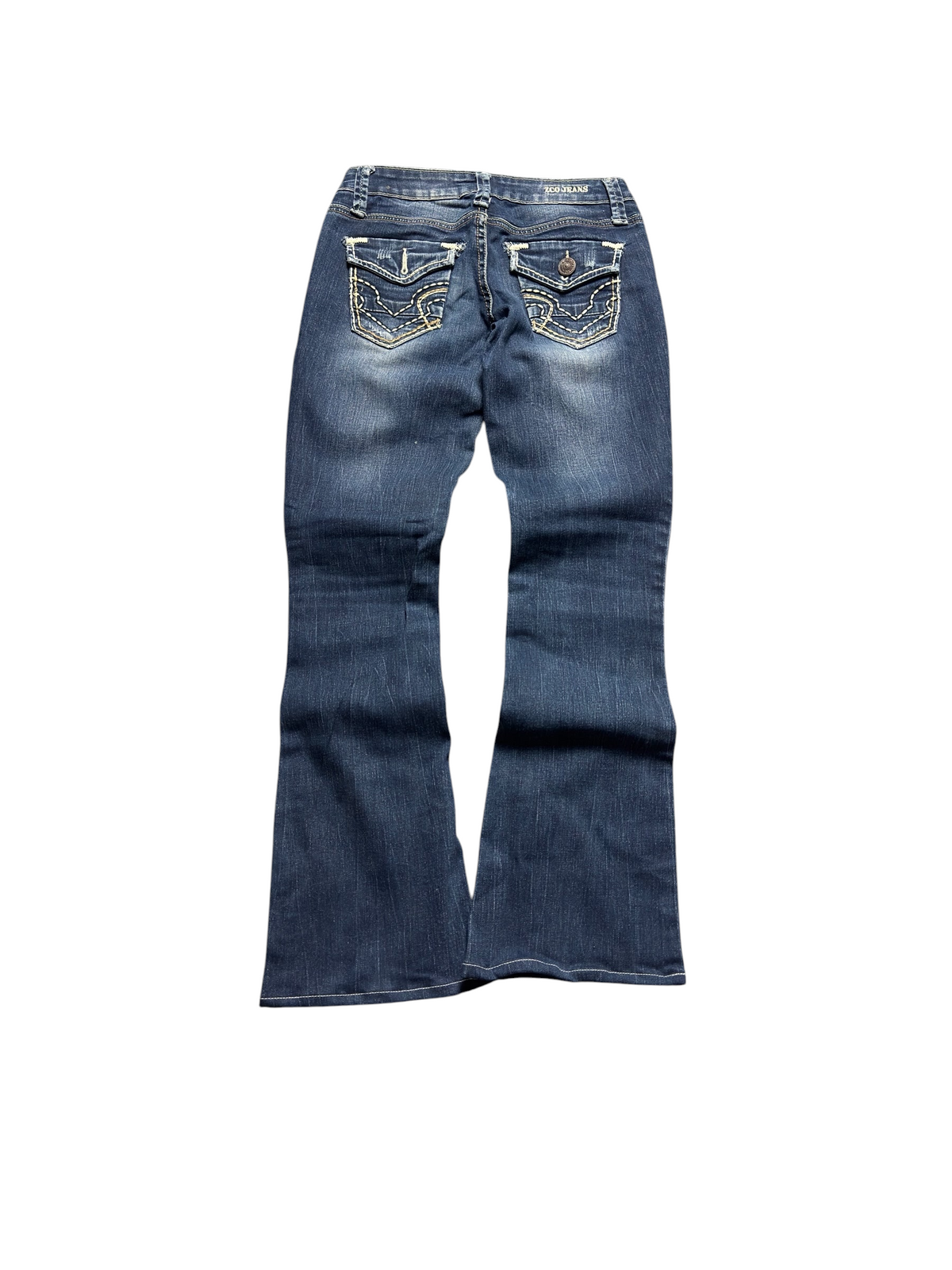 NinetyThree Zco JEANS dark wash bootcut denim pants with contrast stitching and button-flap back pockets