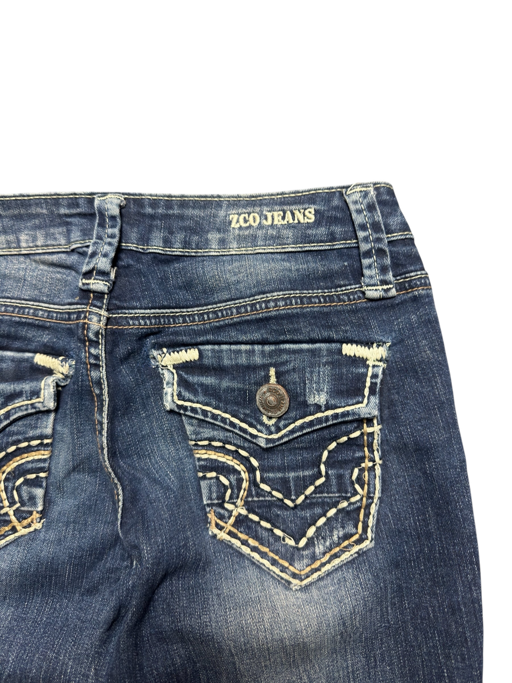 NinetyThree Zco JEANS dark wash denim pants with button-flap back pockets and decorative contrast stitching